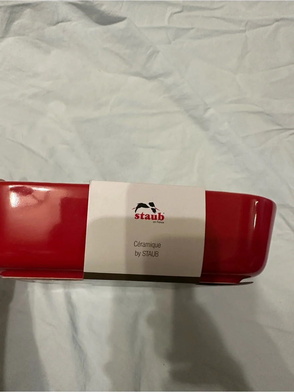 Staub Cream Ceramic Roaster with Red Handles